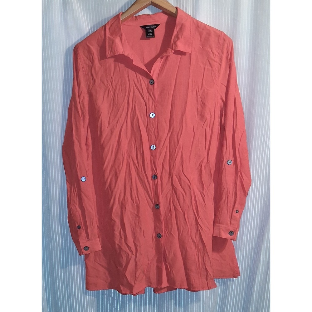MULTIPLES Women's Coral Button Front‎ Roll Tab Sleeve Tunic Shirt Top Size L